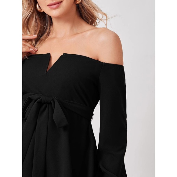 Maternity V Off Shoulder Belted long sleeve Top black - Picture 4 of 8